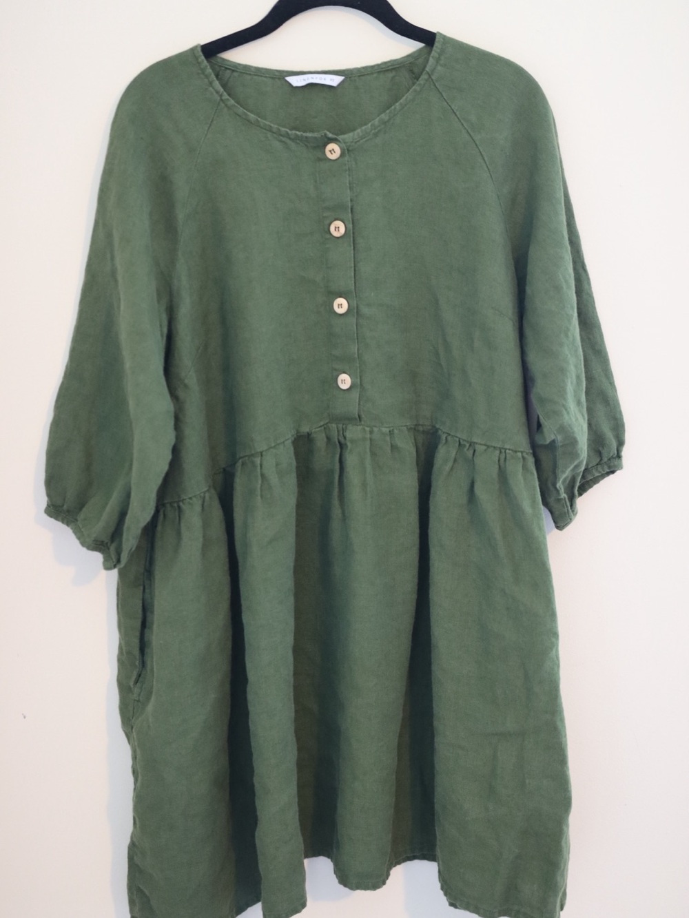 Linenfox Olive Green Linen Button-Front Casual Dress
